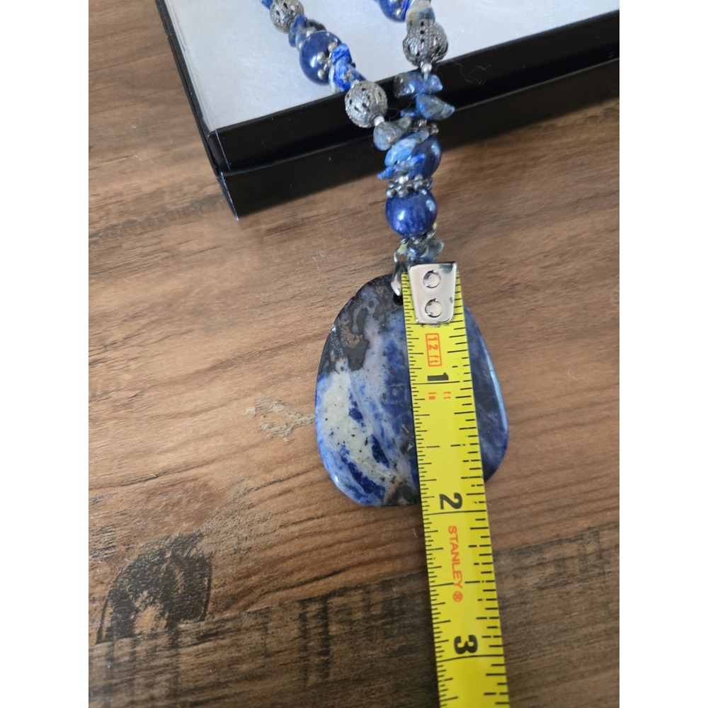 Vintage Sodalite Pendant Beaded Necklace Lapis Lazuli 18K GF Clamp Deep Blue - Picture 10 of 11